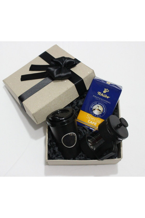 Siyah French Press 250Gr Kapaklı Kahve Bardağı Hediye Seti