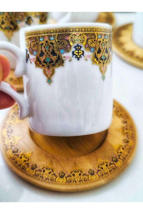 6 Kişilik Özel İşlemeli Bambu Altlıklı Kahve Fincan Takımı Dar