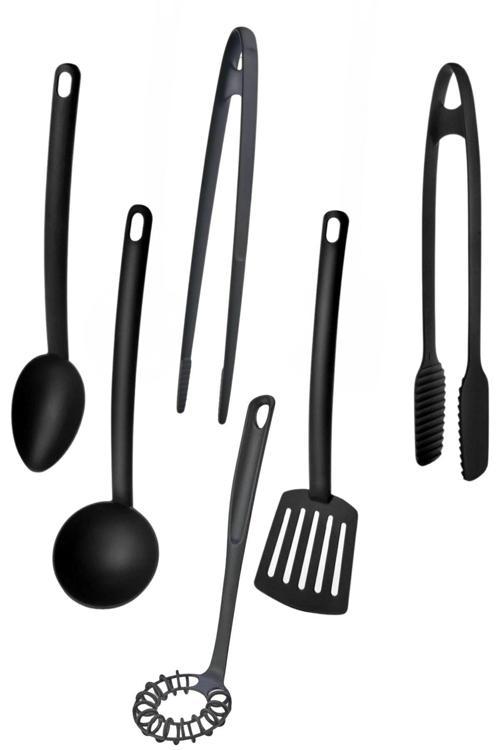 6 'Lı Yanmaz Yapışmaz Mutfak Servis Seti Kepçe Çırpıcı Maşa Cımbız Spatula Kaşık 28 Cm