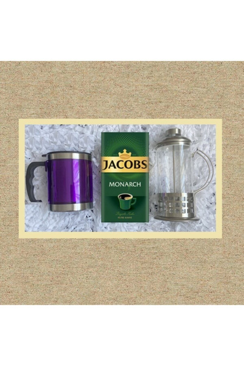 Monarch 250 Gr & Metal French Press & Mor Çelik Kupa Termos Bardak Hediye Seti