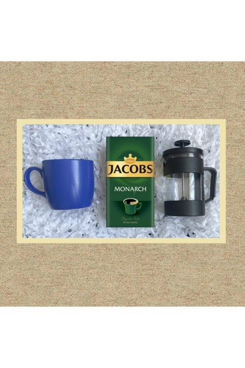Monarch 250 Gr & Siyah French Press & Mavi Kupa Bardak Hediye Seti