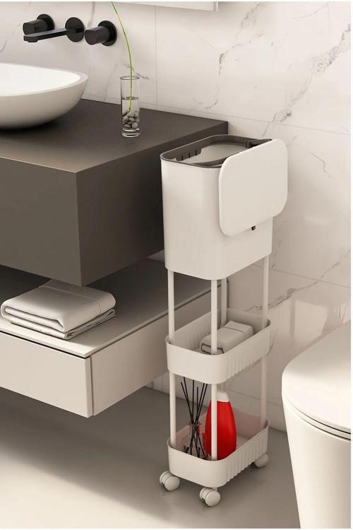 Pratik Şık 2 Kat Raflı Tekerlekli Çöp Kovası Banyo Ve Mutfak Çöp Kovası 15 Litre