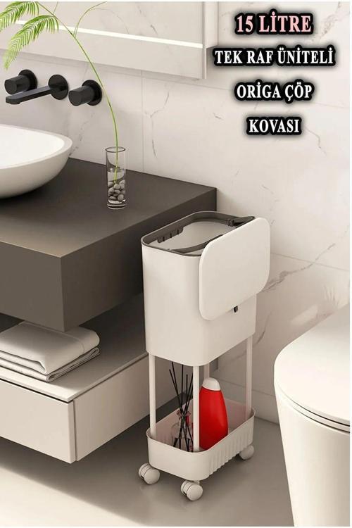 Pratik Şık Tasarımlı Tek Raflı Tekerlekli Kapaklı Banyo Ve Mutfak Çöp Kovası 15 Litre