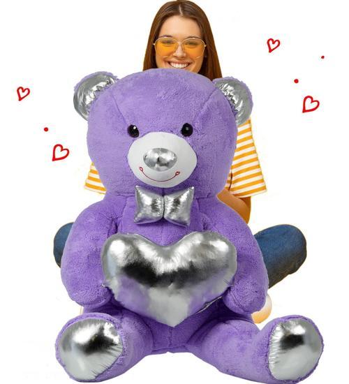 140 cm Işıltılı GÜMÜŞ Papyonlu, Kalp Tutan Peluş Ayı, Sevgiliye ÖZEL SERİ HEDİYE