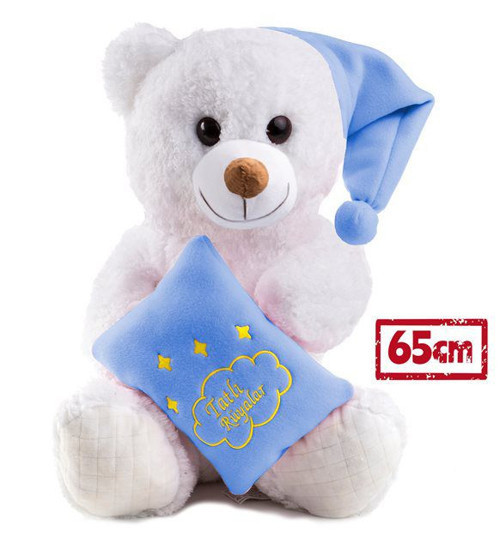 Tatlı Rüyalar Yastıklı ve Şapkalı Uykucu Peluş Ayıcık -65cm- Sevgiliye HEDİYE