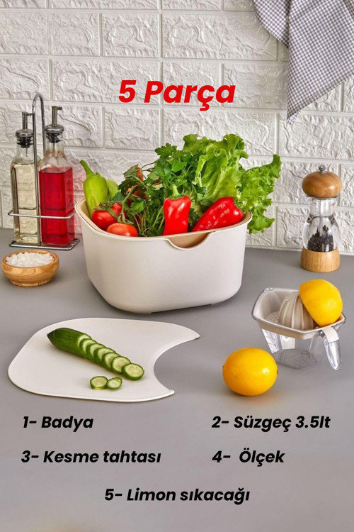 5 Parça Set Lüks Süzgeçli Sebze Meyve Yıkama Badyası Kesme Tahtası Limon Sıkacağı Ölçek