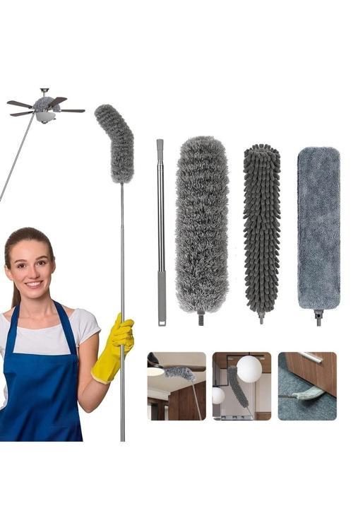 3 Farklı Başlıklı Mikrofiber Anti-Statik Bükülebilir Teleskopik Köşe Bucak Toz Alma Püskülü