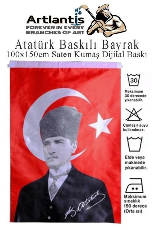 Atatürk Baskılı Türk Bayrağı 100x150 cm 1 Adet Bayraklı Atatürk Posteri Dijital Baskı Raşel Kumaş İç ve Dış Ortama Uygun