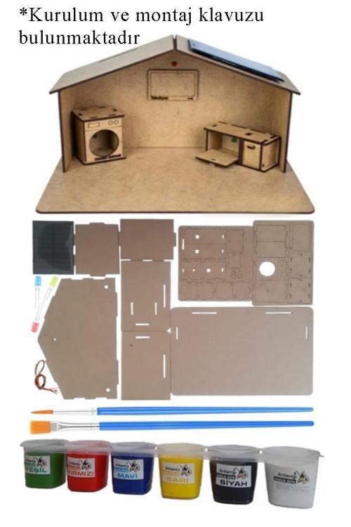 Boyanabilir Güneş Enerjili Ev Yapım Seti 1 Paket Güneş Paneli Mantar Led Lamba Mdf Ev Maketi Akrilikboya Resim Fırçası D