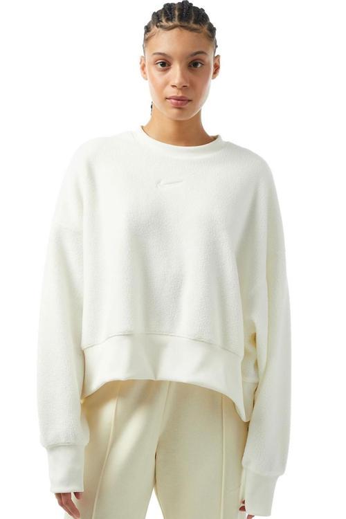 Sportswear Plush Mod Crop Crew Sweatshirt Kadın Geniş Kalıp Peluş Sweatshirt Açık Krem