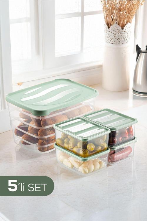 5'li Set Dondurucu ve Mikrodalgaya Uygun Buzdolabı Düzenleyici 1x(5 Litre) 4x(775 ml) Mint Yeşili