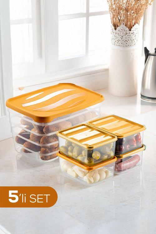5'li Set Dondurucu ve Mikrodalgaya Uygun Buzdolabı Düzenleyici 1x(5 Litre) 4x(775 ml) Turuncu
