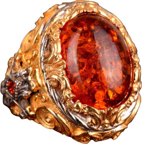 Yapay Amber Taşı Yüzük, 925 Ayar Gümüş Erkek Kral Yüzüğü, Altın Kaplama