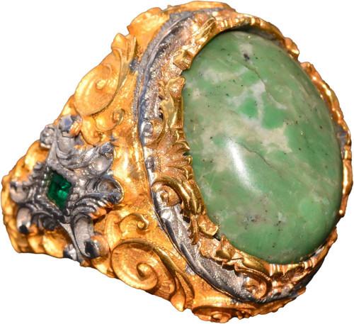 Gerçek Doğal Kriyospras Taşlı Yüzük, Sterlin Gümüş Erkek Yüzüğü, Altın Kaplama