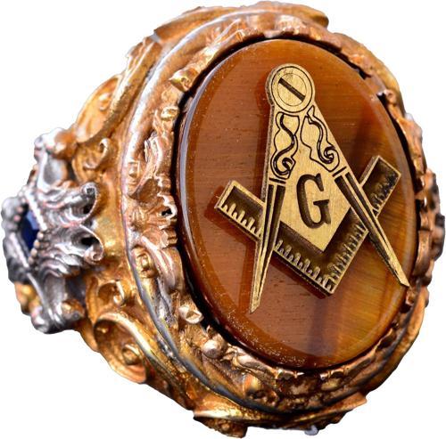 Mason Yüzüğü - Usta Mason Sterling Gümüş Yüzük, Kaplan Gözü Taşı, Altın Kaplama