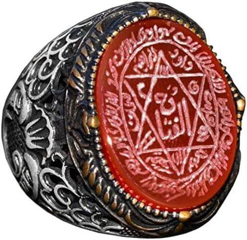 El Yapımı Süleyman Mührü Yüzüğü, Gerçek Kırmızı Akik Taşı, İslami Erkek Yüzüğü, 925 Ayar Gümüş