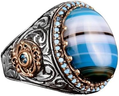 Doğal Mavi Akik Taşı Yüzük, 925 Ayar Gümüş Yüzük, Erkek Yüzüğü