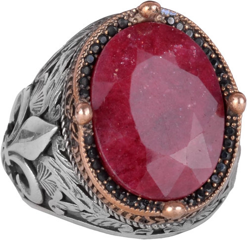 925 Ayar Gümüş El Yapımı Erkek Yüzük - Çeşitli Doğal Yakut Taşlı