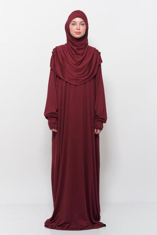 Tek Parça Pamuklu Yarasa Kollu Tak Çıkar Başörtülü Organik Tesettür Namaz Elbisesi