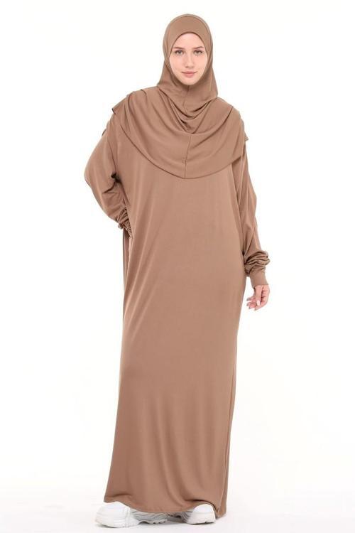 Tek Parça Pamuklu Yarasa Kollu Tak Çıkar Başörtülü Organik Tesettür Namaz Elbisesi