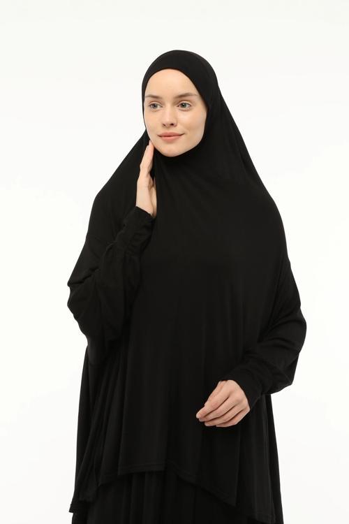 İki Parça Pamuklu Yarasa Kollu Başörtülü Organik Tesettür Namaz Elbisesi