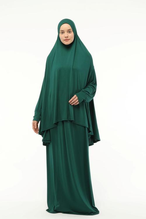 İki Parça Pamuklu Yarasa Kollu Başörtülü Organik Tesettür Namaz Elbisesi