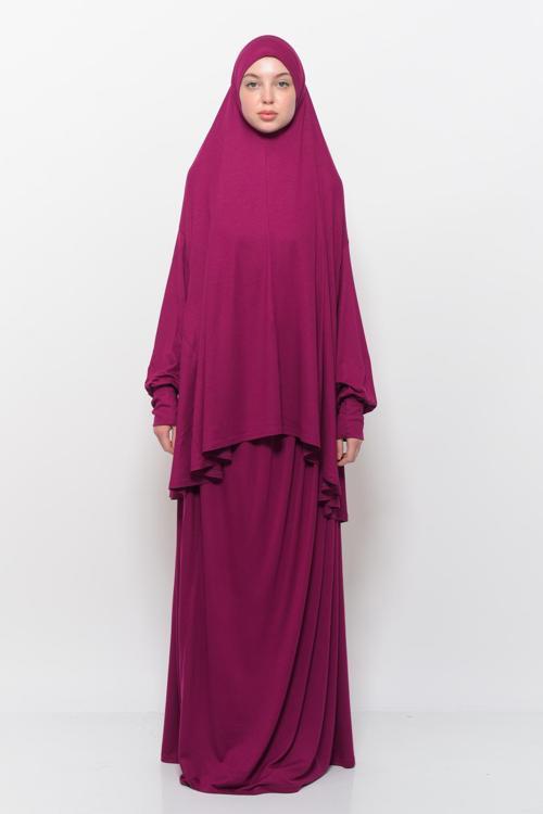 İki Parça Pamuklu Yarasa Kollu Başörtülü Organik Tesettür Namaz Elbisesi