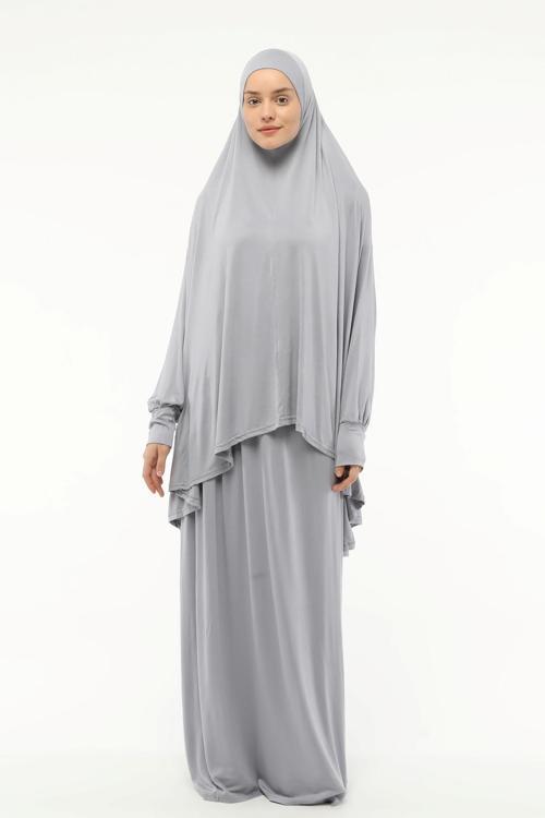 İki Parça Pamuklu Yarasa Kollu Başörtülü Organik Tesettür Namaz Elbisesi