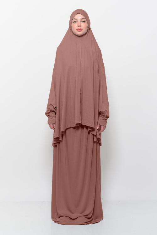 İki Parça Pamuklu Yarasa Kollu Başörtülü Organik Tesettür Namaz Elbisesi