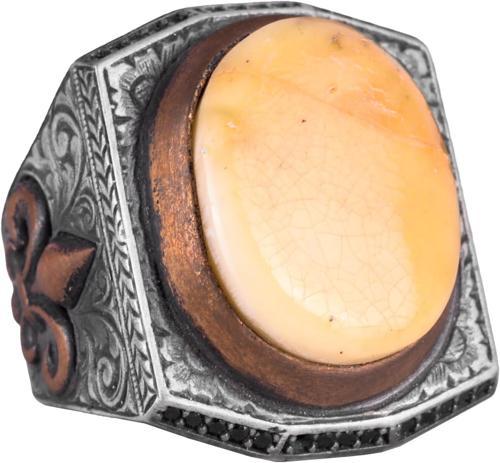 925 Ayar Gümüş Erkek Büyük Yüzük - Gerçek Doğal Amber Taşı - Zulfiqar Kılıcı Sembolü ile Gümüş Yüzük
