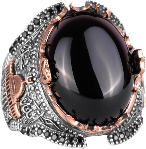 925 Ayar Gümüş Yüzük, İslami Cabochon Oniks Taşlı Erkek Yüzük