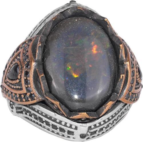 925 Ayar Gümüş Erkek Yüzük - Doğal Opal - Bronz Kaplama Detaylar - El Yapımı Dikkat Çekici Parça