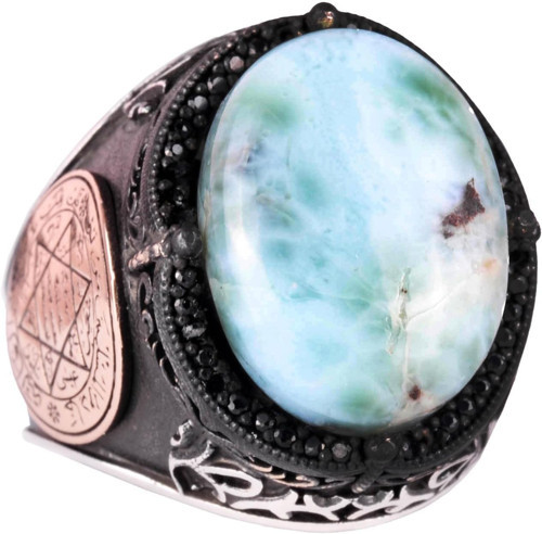 Larimar Taşlı Yüzük - Huzurlu 925 Ayar Solid Gümüş Erkek Yüzüğü - Okyanus Sakinliği Tasarımı