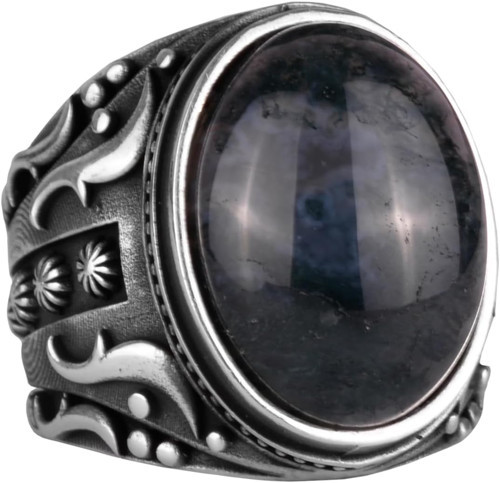 925 Ayar Katı Gümüş Erkek Yüzük, Süslemeli Agat Taşlı Yüzük - El Yapımı Zarafet