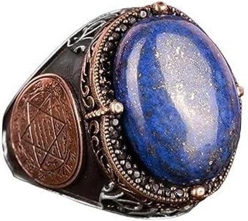 Doğal Lapis Lazuli Taş Yüzük, Süleyman Mührü Yüzüğü - Kraliyet 925K Katı Gümüş Erkek Yüzüğü - Bilgelik ve Gerçek Tasarımı