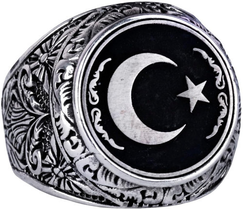 Yıldız ve Ay Yüzüğü - Erkekler için 925 Ayar Gümüş Bayrak Yüzüğü