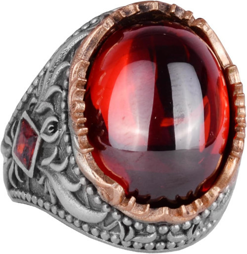 Yapay Taş Yüzük - El Yapımı Erkek Yüzüğü - Şık 925 Ayar Gümüş Erkek Takısı (Yapılmış Cabochon Garnet)