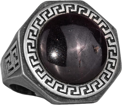 Erkekler için 925 Ayar Gümüş Yüzük, Doğal Yıldız Garnet Taşı - Yunan Desen Tasarımı