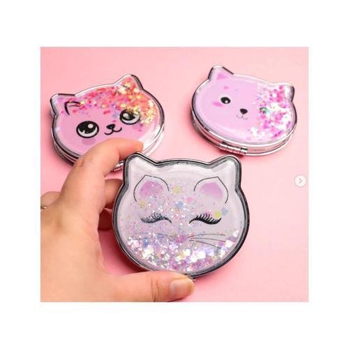 Kedi Tasarımlı Simli Sulu Kozmetik Cep Çanta Aynası Kapaklı El Makyaj Aynası Aparatı