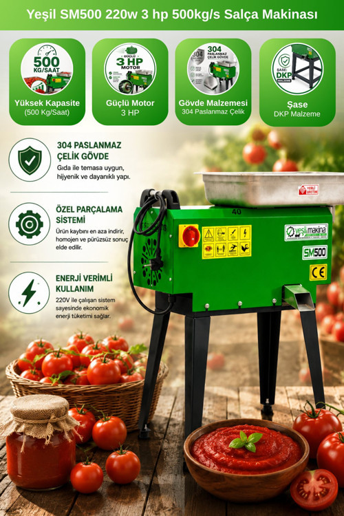 Yeşil SM500 220w 3 hp 500kg/s Salça Makinası