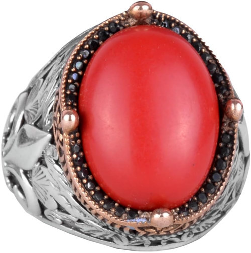 925 Ayar Gümüş Yüzükler, Kırmızı Mercan Yapay Taşlı Gümüş Yüzük