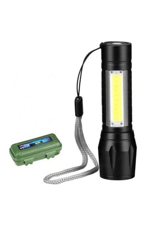 Usb Şarjlı Mini El Feneri 2Mod +Yan Led 3W Çakarlı Q5 Alüminyum Kutulu Pt-4140