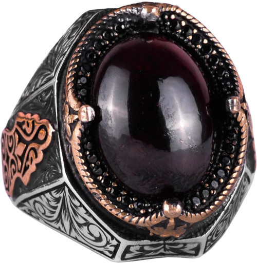 Gerçek Doğal Cabochon Granat Taşlı Yüzük - Derin 925K Katı Gümüş Erkek Yüzüğü