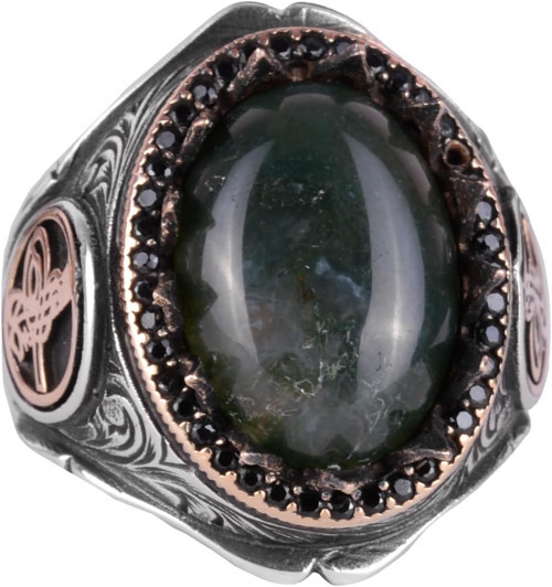 925 Ayar Katı Gümüş Erkek Yüzük - Doğal Yosunlu Akik Taşı ile El Yapımı Şıklık