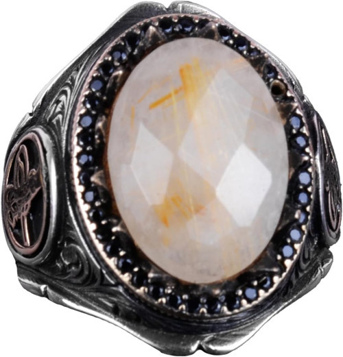 925K Katı Gümüş Erkek Yüzük - Doğal Taşlarla El Yapımı Şıklık (Altın Rutilatlı Kuvars Taşı)