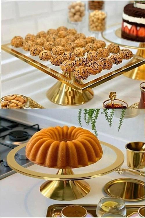 2'li Gold Yuvarlak ve Dikdörtgen Pasta Stantı, Kek ve Kurabiye Sunum Stantı, Çeyizlik, Hediyelik