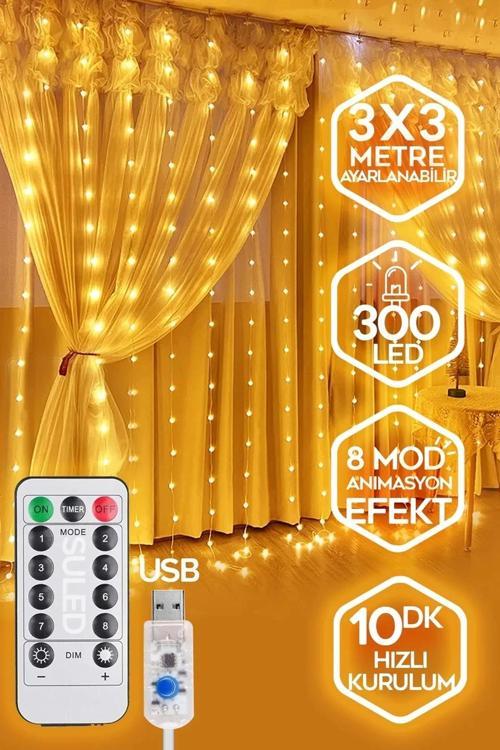 300 Ledli 10 Saçaklı Sarı Led Kumandalı 8 Modlu Perde Led Peri Mutfak Işık Dekoratif Lamba