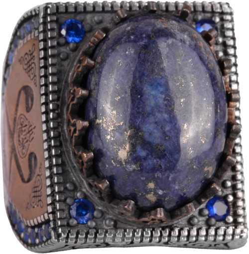Gerçek Doğal Taş Yüzük - 925 Ayar Gümüş İslami Yüzük - El Yapımı Hat Yüzüğü (Lapis Lazuli)
