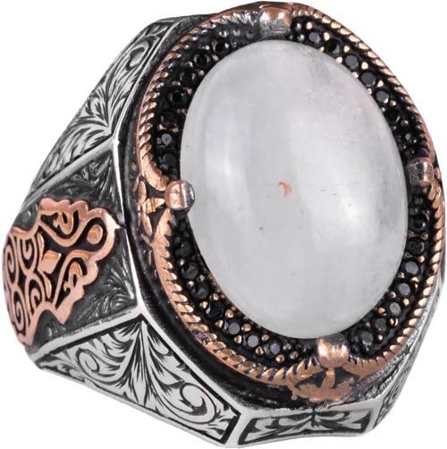 El yapımı Cabochon Ay Taşı Yüzük - Sakin 925K Katı Gümüş Erkek Yüzüğü, Şeffaflık ve Sakin Tasarım