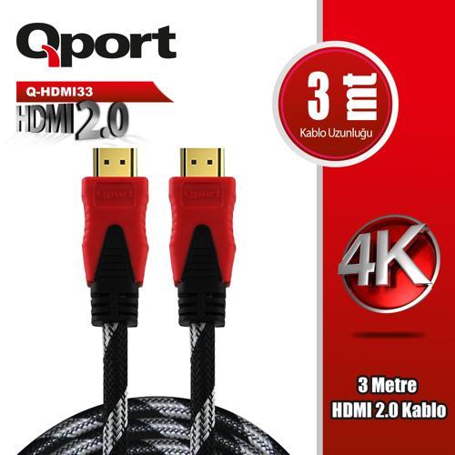 Q-HDMI33 3 METRE 2.0V 4K  ALTIN UÇLU ÖRGÜLÜ KABLO